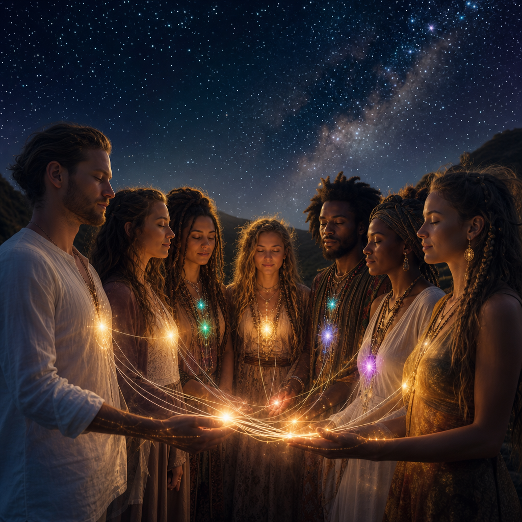 Um grupo de pessoas despertas, com aura cósmica e luz interior visível, unidas em apoio mútuo sob um céu estrelado.