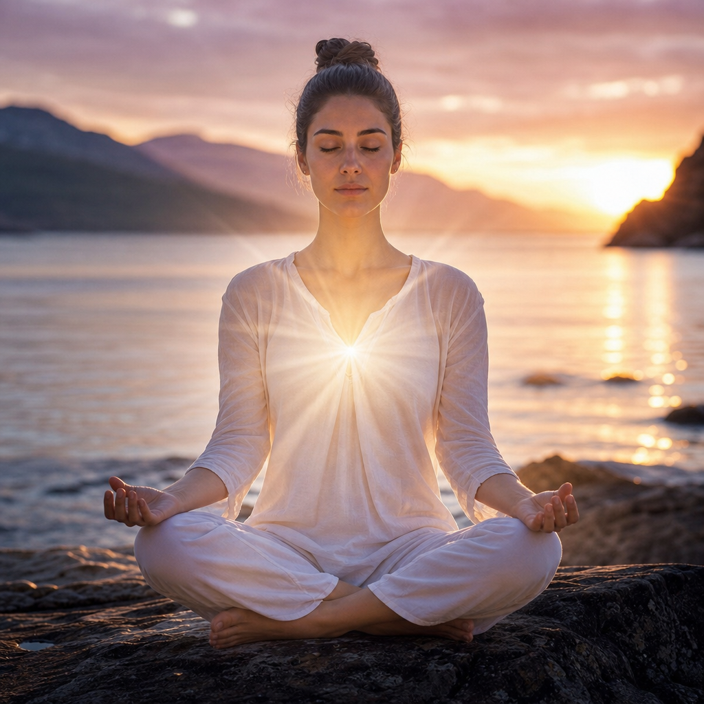 Uma pessoa em meditação tranquila, cercada por luz suave, concentrada no agora e na consciência interior.