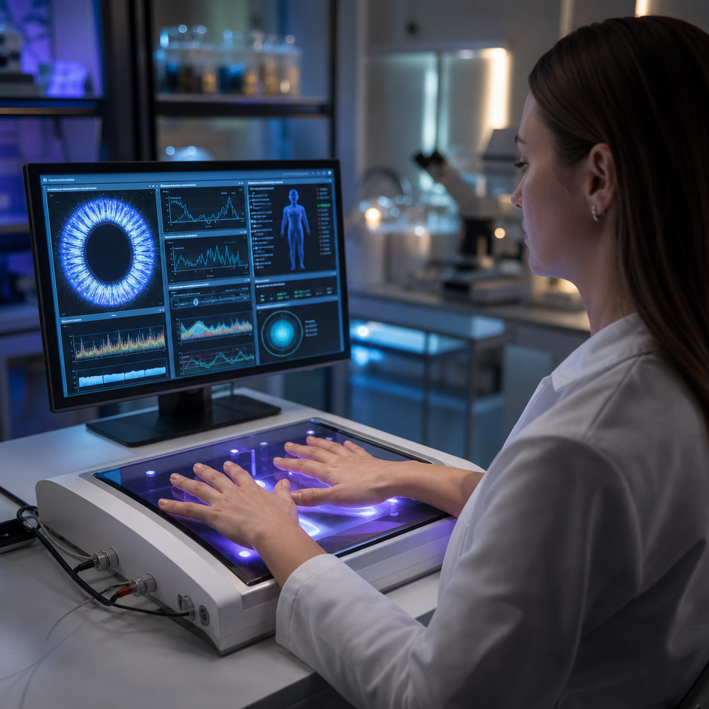 Pessoa colocando as pontas dos dez dedos em um aparelho GDV em um laboratório clínico, com monitor exibindo visualizações biométricas de energia.