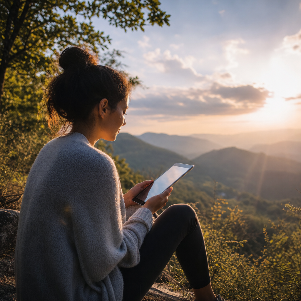 Uma pessoa em um ambiente natural e iluminado, estudando ensinamentos espirituais e colocando-os em prática com serenidade.