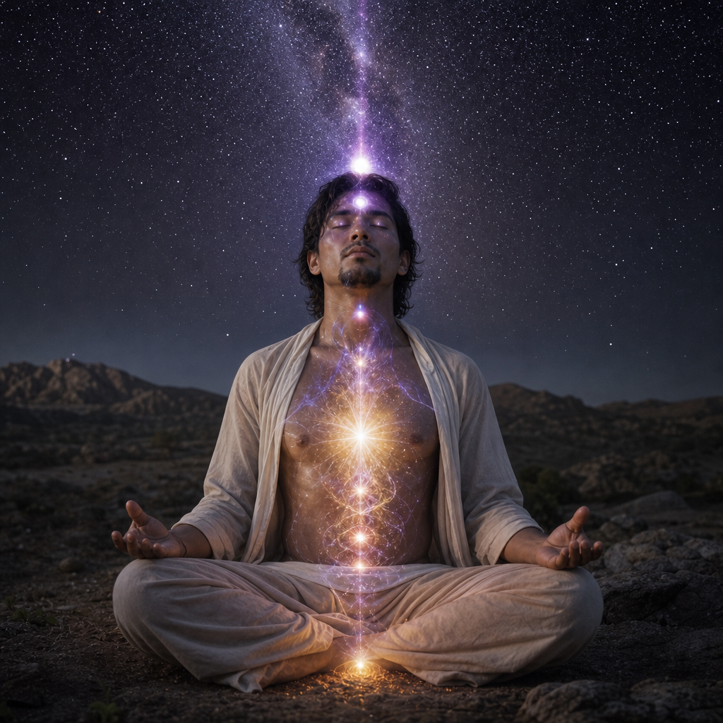 Pessoa meditando em um cenário noturno, com aura cósmica visível, chakras luminosos e conexão de luz com o céu estrelado.