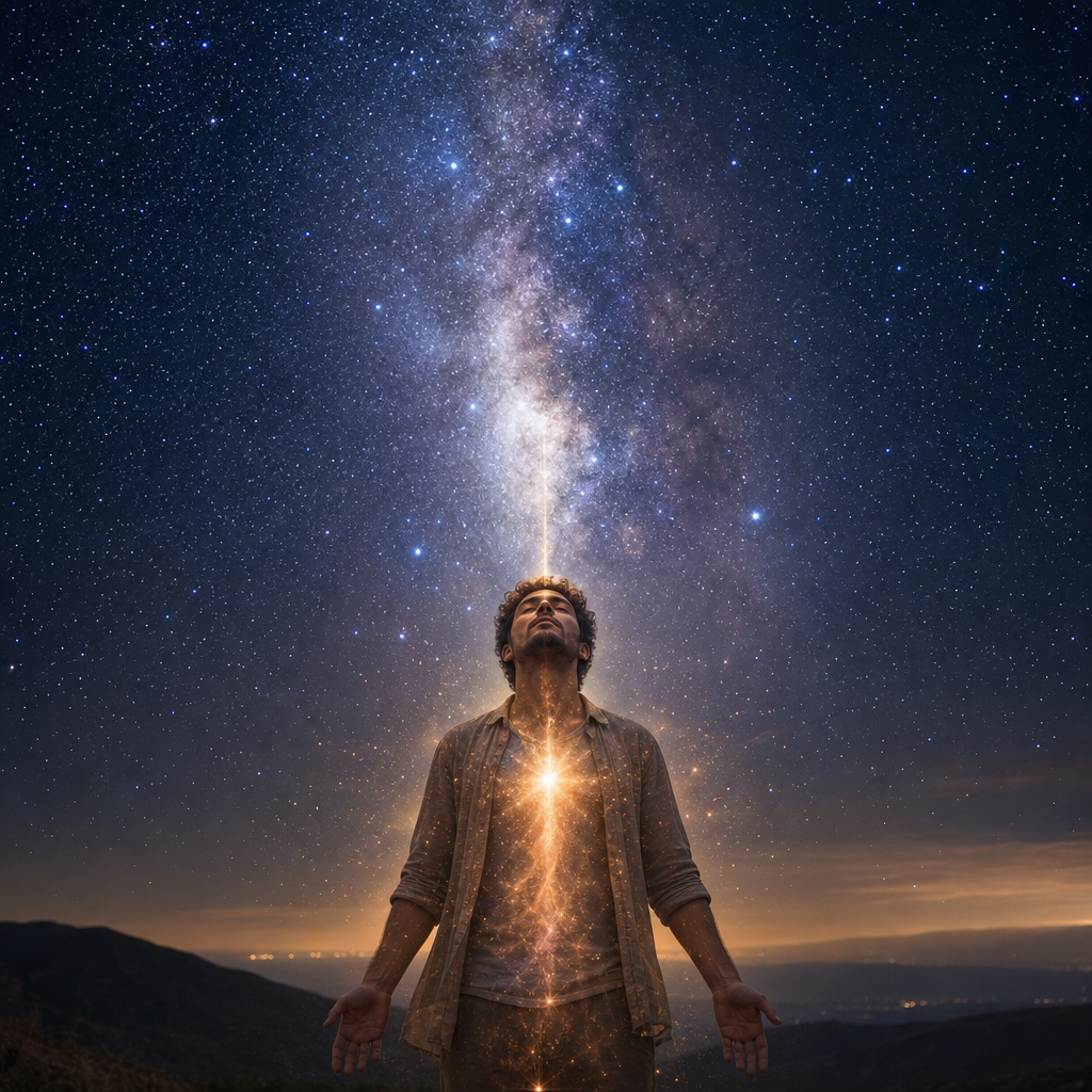 Uma pessoa em contemplação sob um céu estrelado, com aura cósmica visível e conexão luminosa com o cosmos.