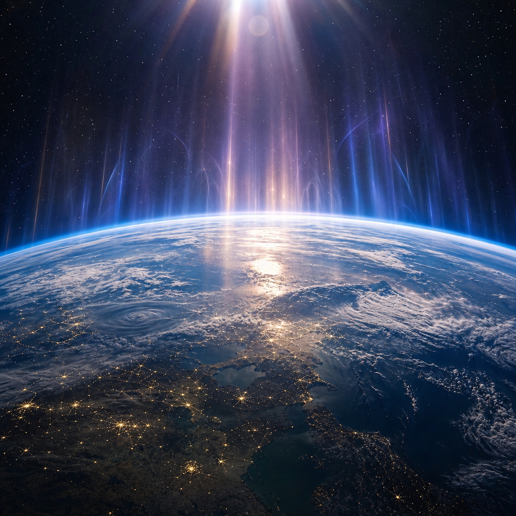 O planeta Terra visto do espaço, envolto em um brilho luminoso que representa sua elevação de frequência e mudança dimensional.