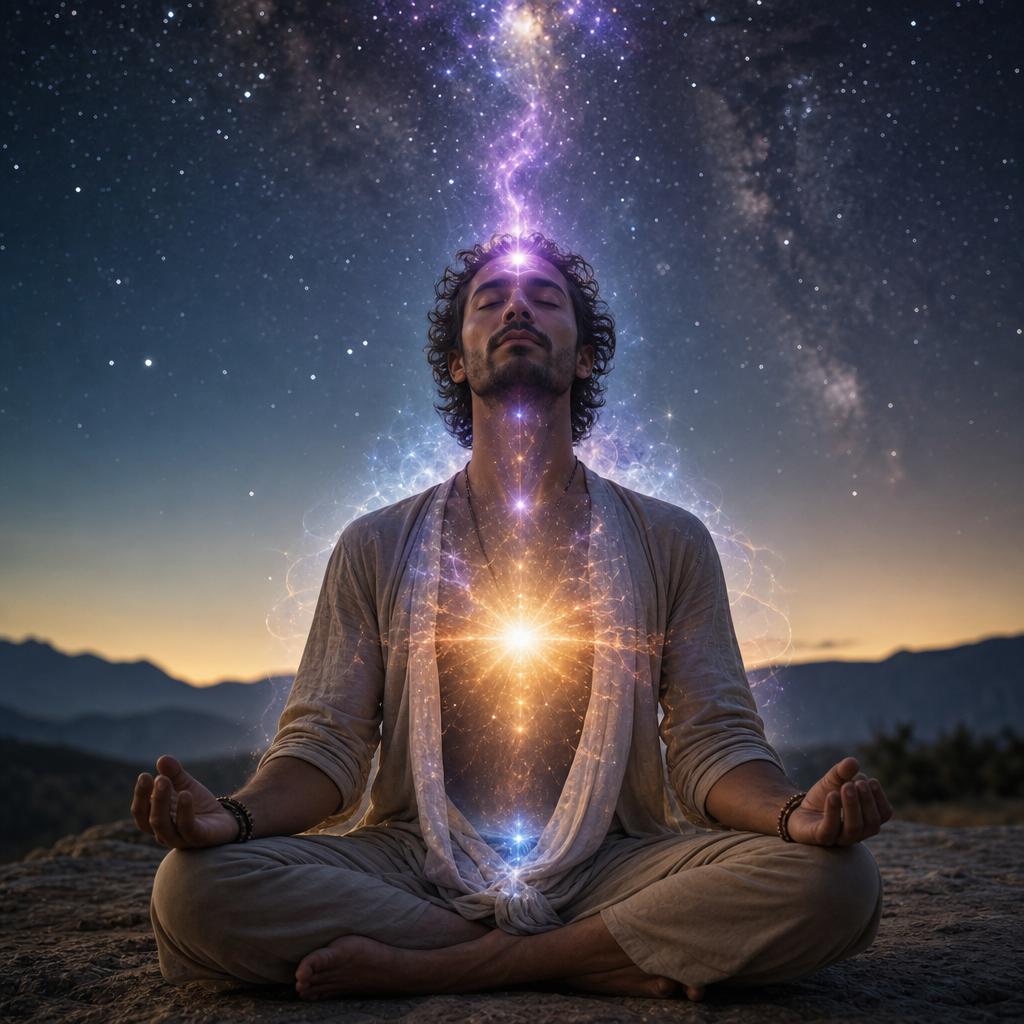 Uma pessoa meditando com aura cósmica visível, núcleo de luz estelar e conexão luminosa com o céu estrelado.