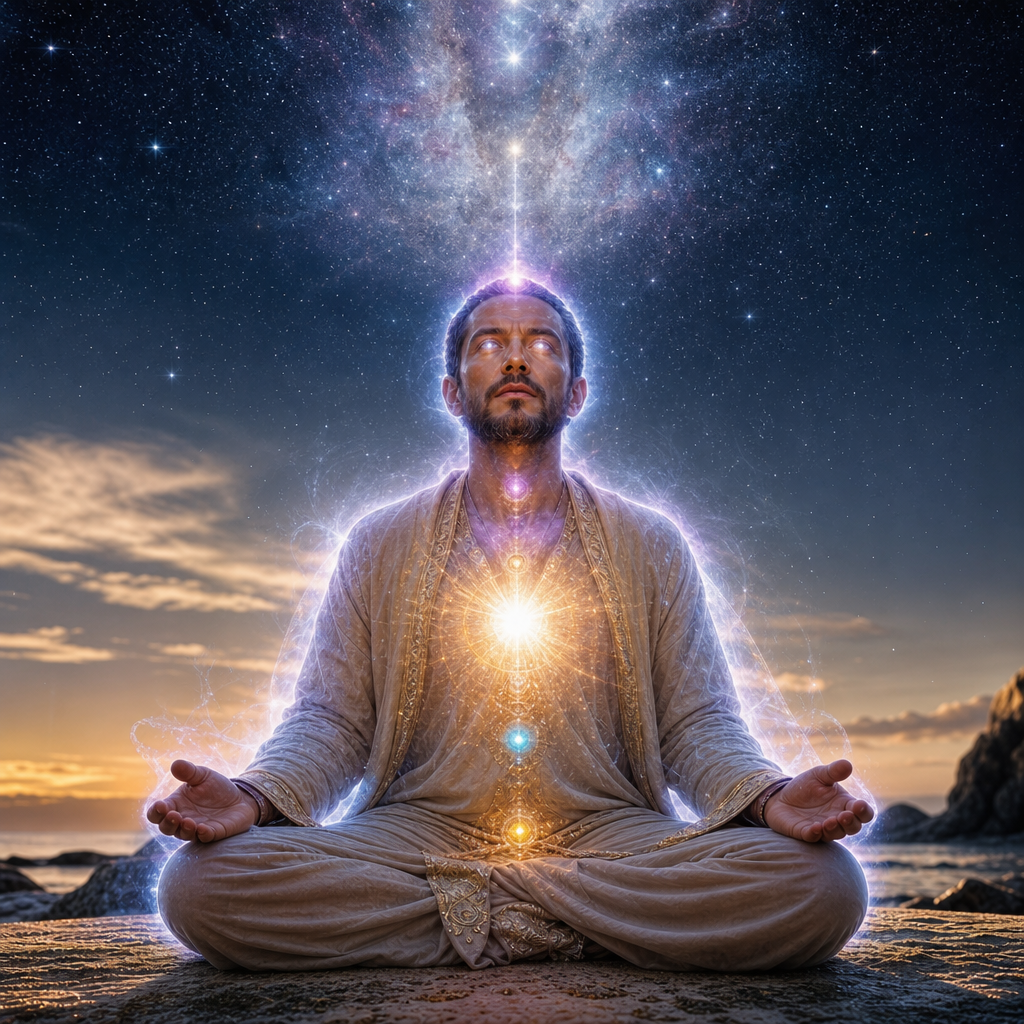 Uma pessoa meditando com aura cósmica visível, núcleo de luz estelar no corpo, olhos com reflexos de galáxias e uma conexão luminosa ao céu estrelado.