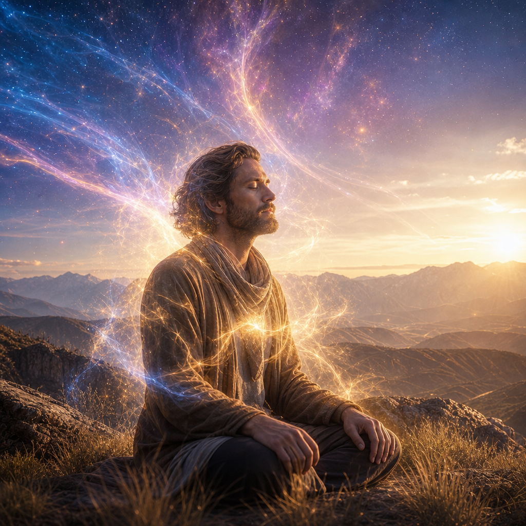 Uma pessoa em postura contemplativa, cercada por uma aura cósmica luminosa que simboliza a consciência se experimentando através dela.