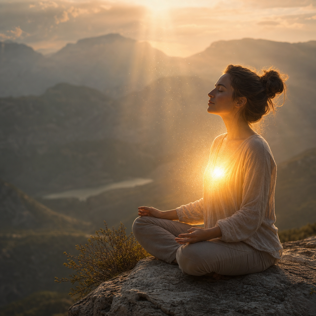 Uma pessoa sentada em silêncio na natureza ao amanhecer, com um brilho suave saindo de dentro, simbolizando despertar interior e experiência direta.