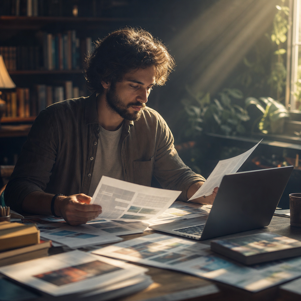 Pessoa em um ambiente sereno, analisando vários materiais e links para discernir o que é confiável e o que não é.