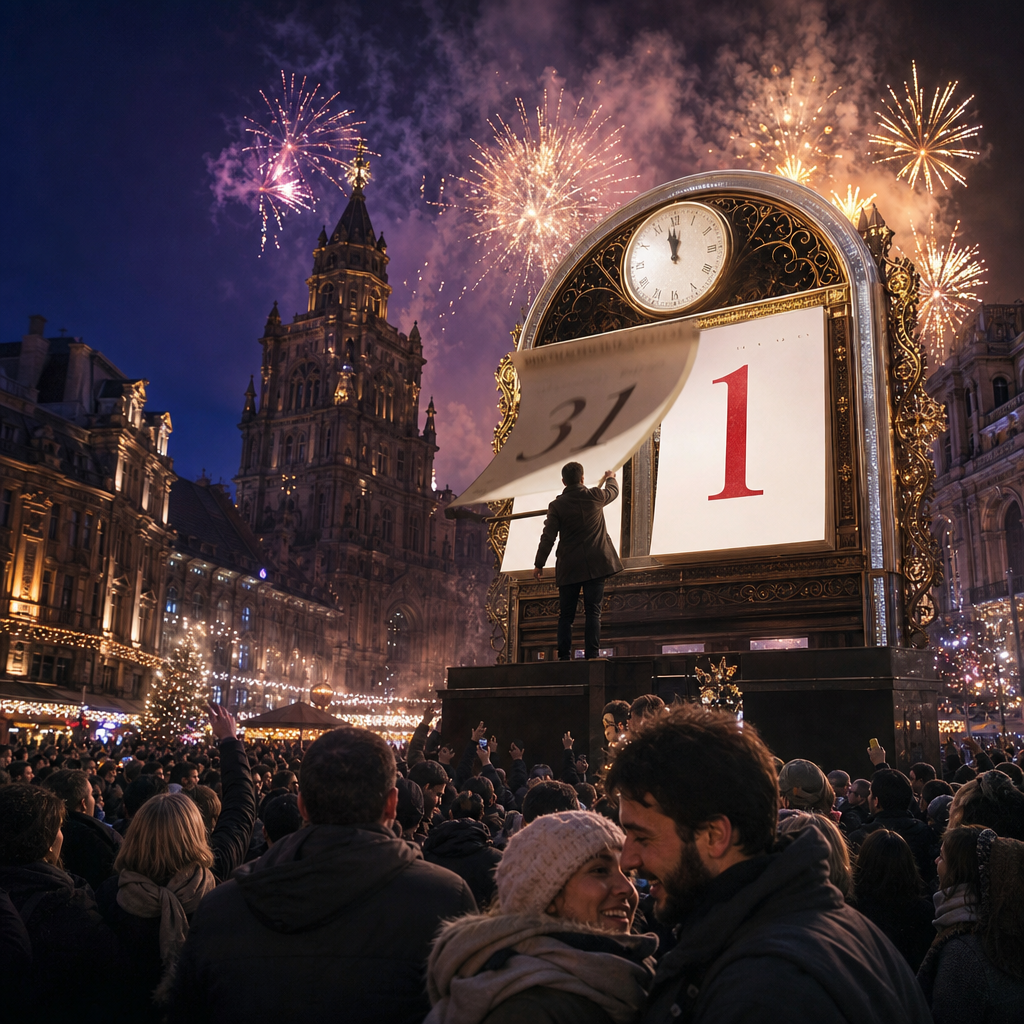 Uma celebração de ano-novo com um calendário virando para 1º de janeiro em uma praça iluminada, representando a origem do ano-novo.