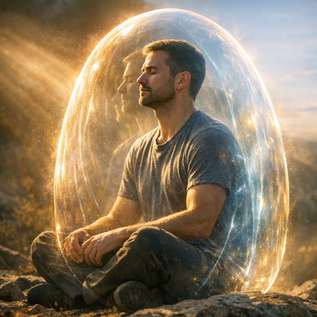 Uma pessoa em postura contemplativa com uma camada luminosa protetora ao redor do corpo, representando o ego como ferramenta de identidade e proteção.