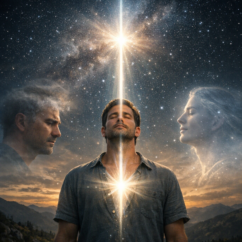 Uma pessoa conectada à Fonte por uma luz que sobe do peito ao céu, mostrando a mente subconsciente em ligação com o Eu superior e o ego na consciência.