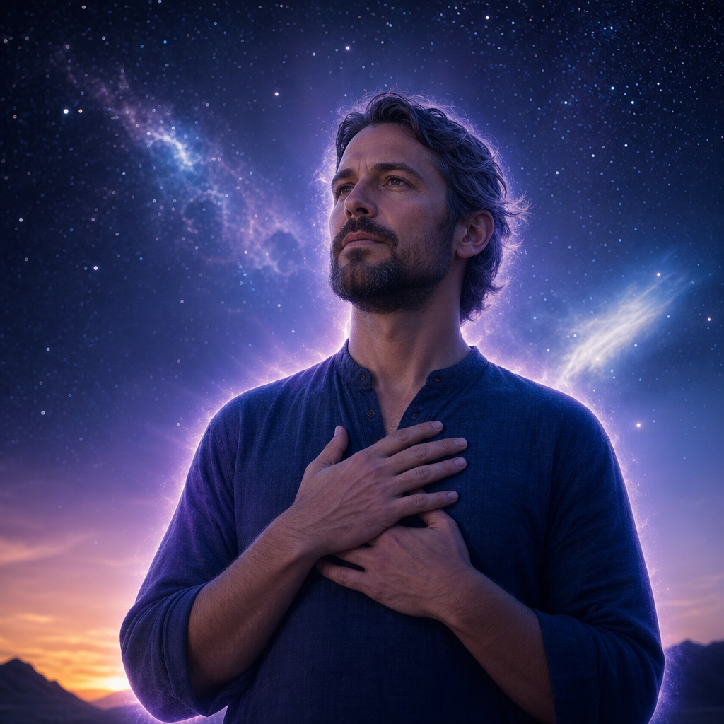 Adulto Índigo em postura serena e confiante, com aura violeta-azul e fundo cósmico luminoso, representando força interior, honestidade e conexão com o universo.
