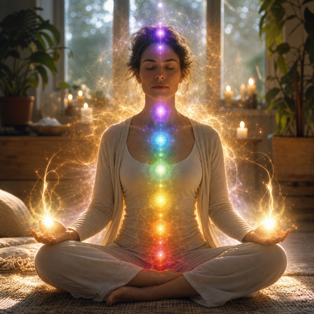 Pessoa meditando em um ambiente luminoso, com aura energética visível e chakras brilhando, representando cura quântica.