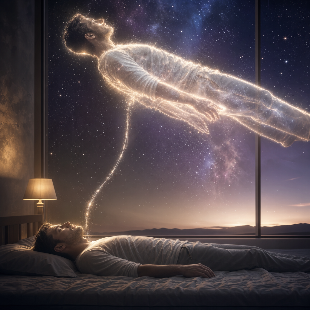 Pessoa deitada com seu corpo astral luminoso se elevando acima, ligado por um cordão prateado, representando projeção astral.