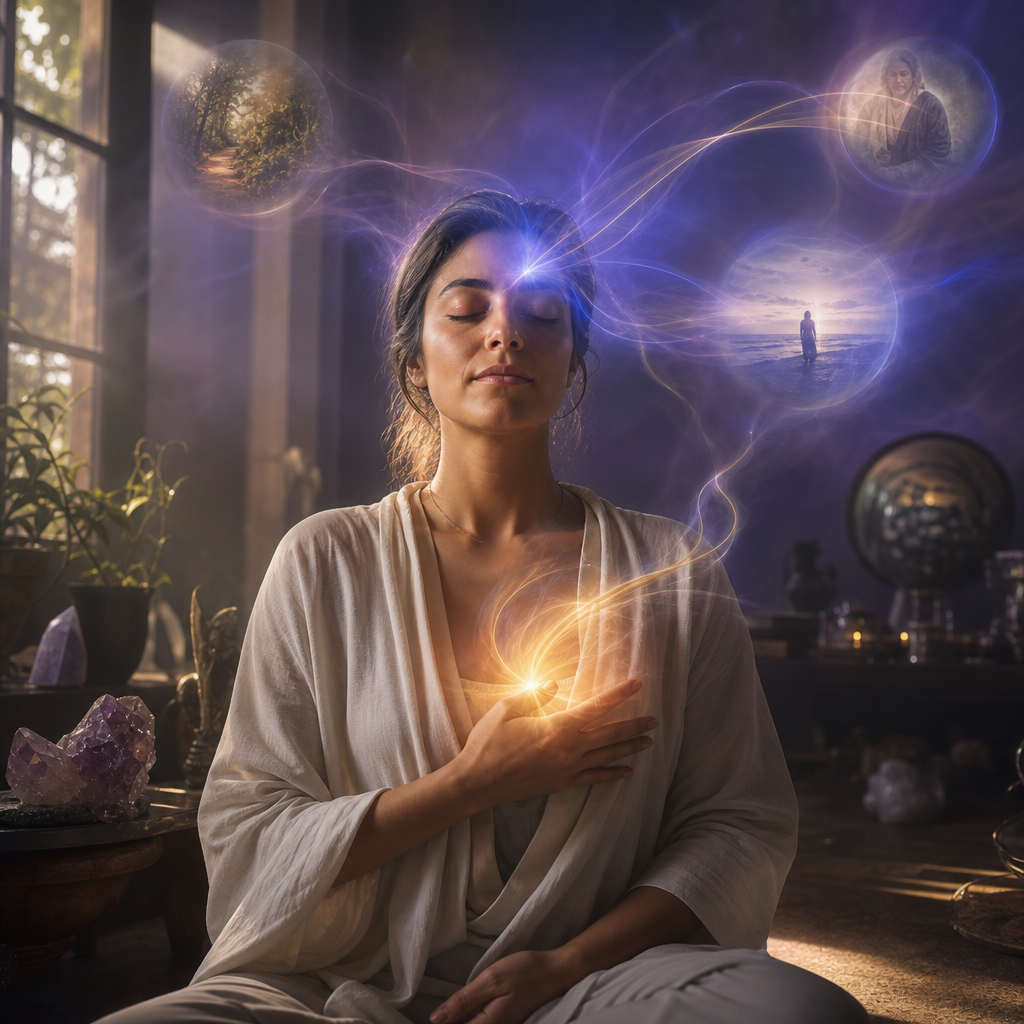 Uma pessoa em ambiente sereno com efeitos luminosos sutis representando percepções além dos cinco sentidos.