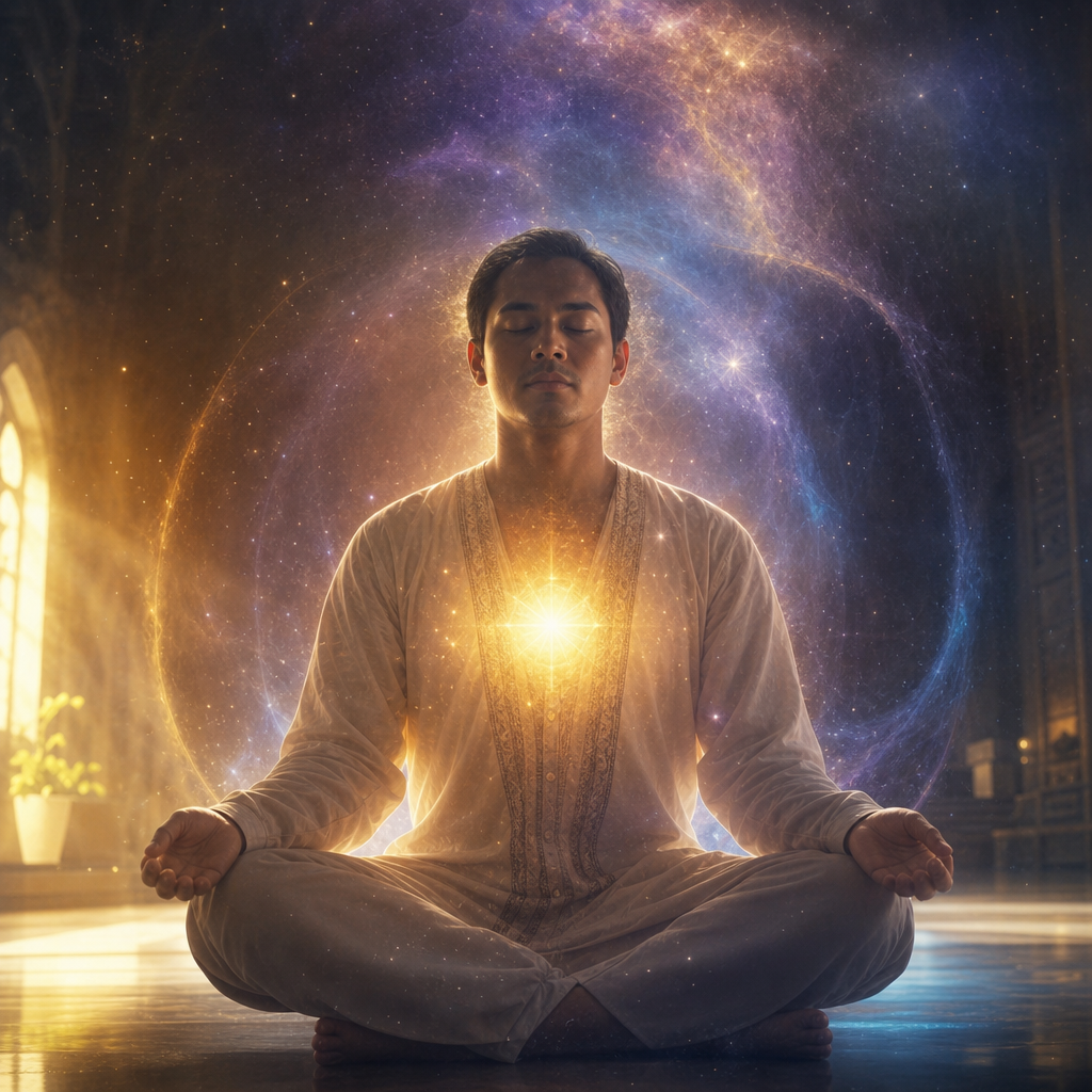Uma pessoa meditando com aura cósmica visível, representando a jornada de mudar a si mesmo e alcançar maturidade espiritual.