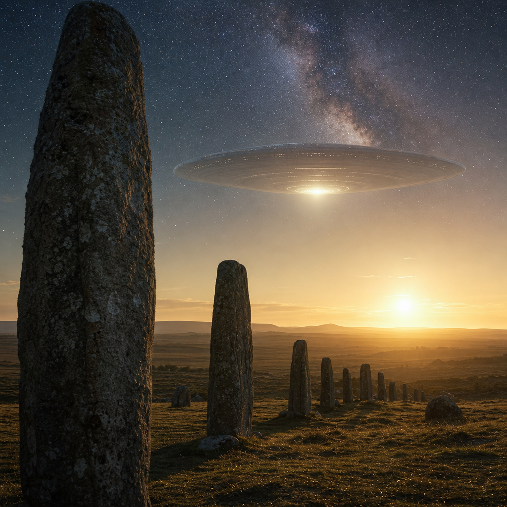 Monumentos de pedra antigos sob um céu crepuscular, com uma presença extraterrestre luminosa e benevolente ao fundo, simbolizando o monitoramento e a intervenção de civilizações de outros mundos.