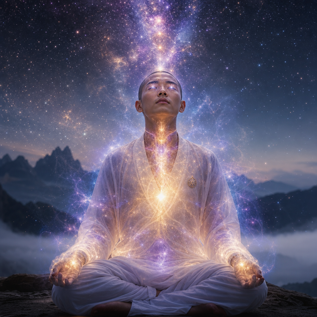 Uma pessoa meditando com aura cósmica visível, brilho estelar no interior do corpo, olhos refletindo galáxias e uma conexão luminosa com o céu estrelado.