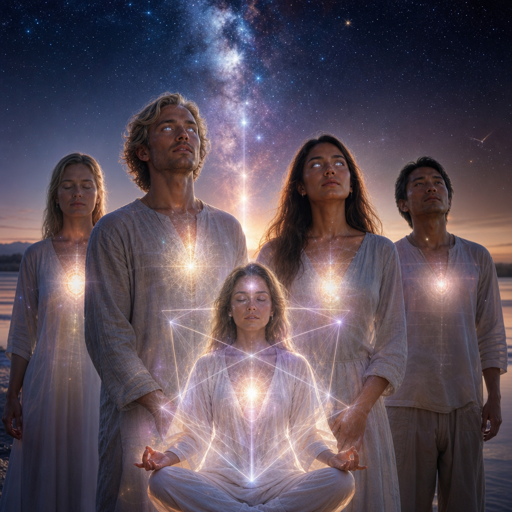 Humanos serenos com aura cósmica visível, olhos estrelados e conexão luminosa com o céu, representando missionários de Shan encarnados na Terra.