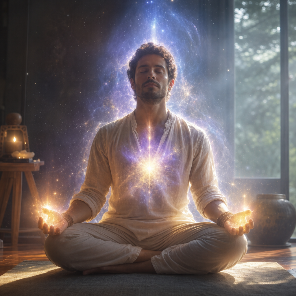 Pessoa meditando com aura cósmica visível, essência estelar brilhando por dentro e mãos irradiando luz, representando o despertar para a verdade.