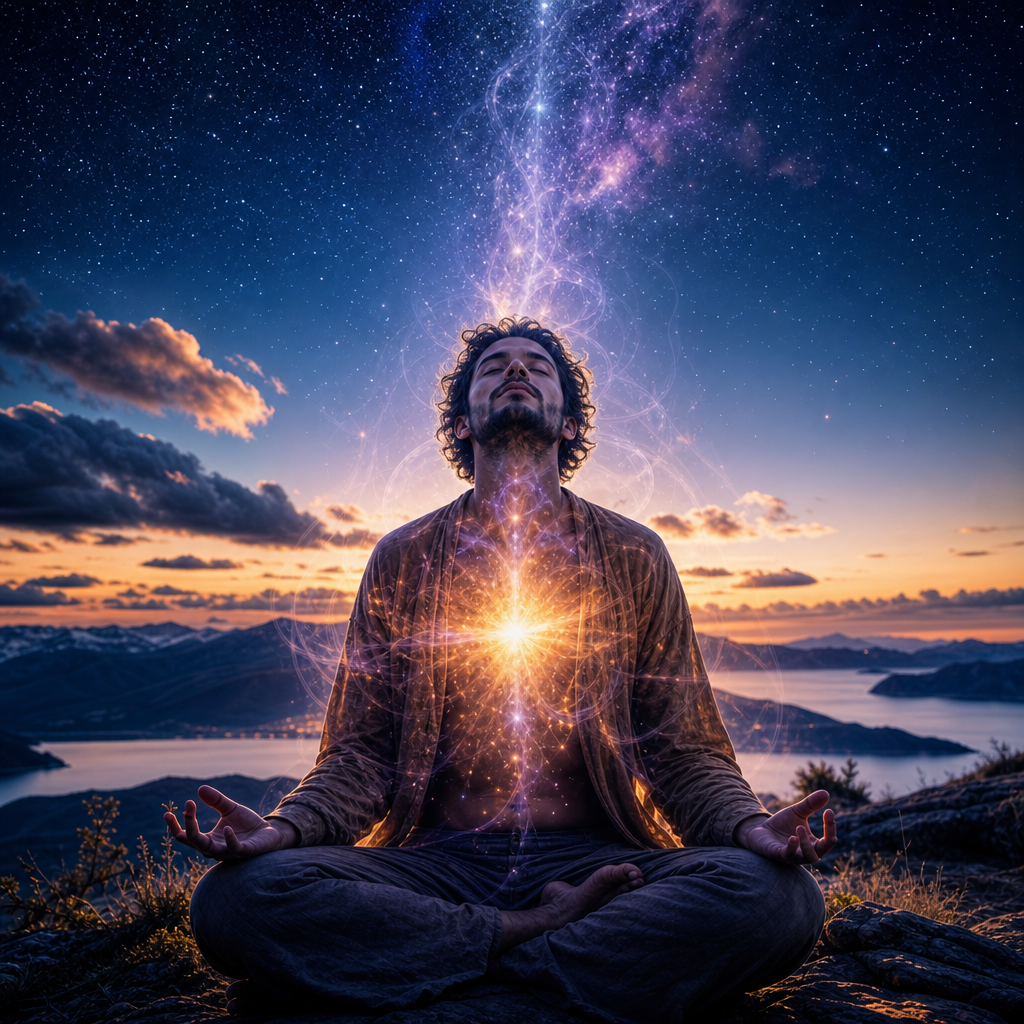 Uma pessoa meditando com aura cósmica visível, brilho estelar no interior do corpo e conexão luminosa com o céu estrelado.