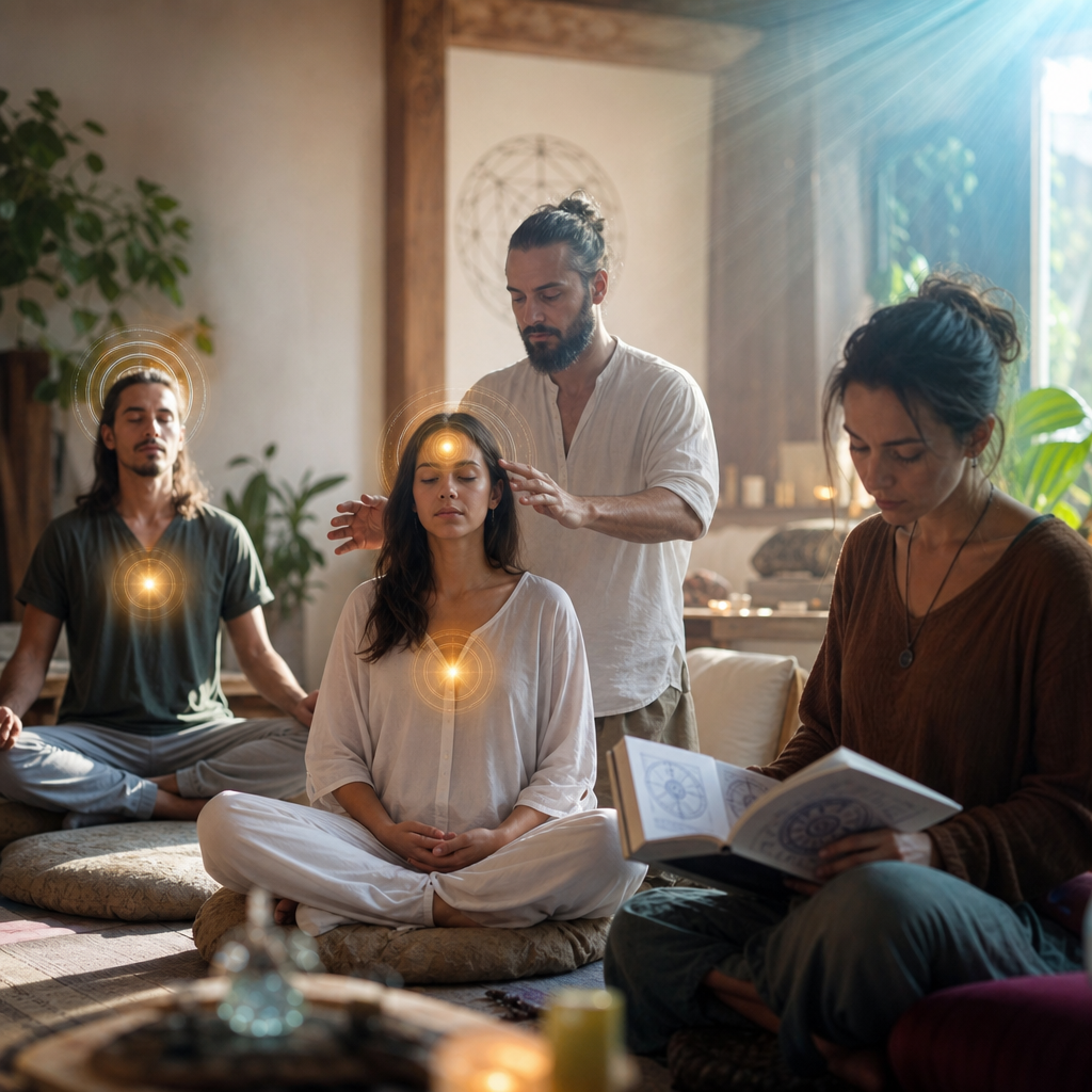 Pessoas em meditação, estudo espiritual e cura energética em um ambiente terapêutico sereno, representando a missão do instituto.