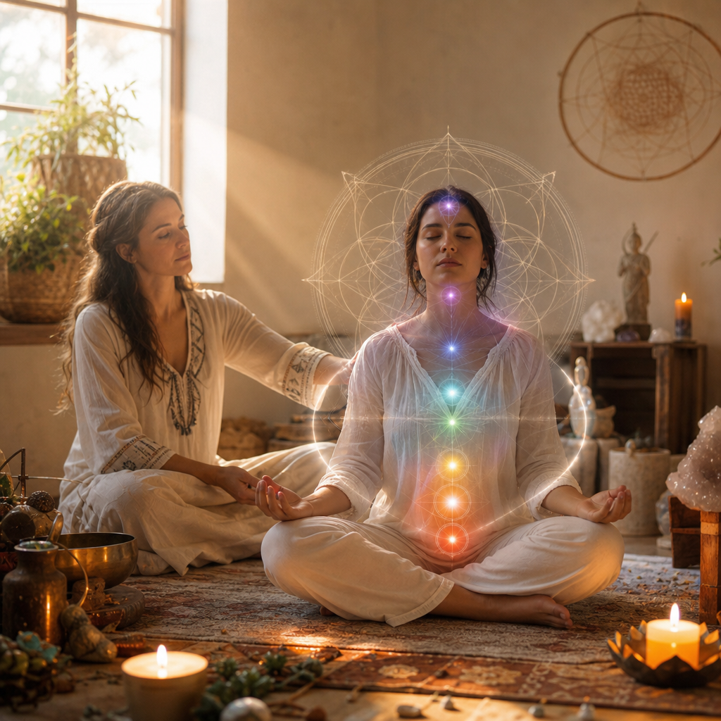 Uma pessoa meditando em um ambiente terapêutico, com energia suave e elementos que representam autoconhecimento, cura e equilíbrio energético.