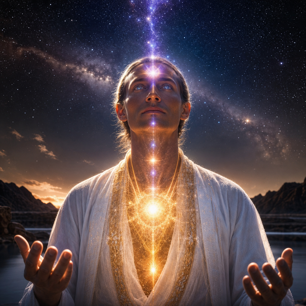 Pessoa em postura serena com aura cósmica visível, núcleo de luz estelar no peito, olhos com reflexos de galáxias e conexão luminosa com o céu estrelado.