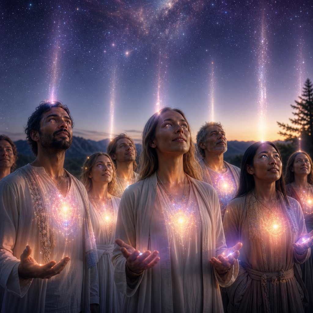 Grupo de pessoas em postura serena na natureza, com aura cósmica visível, olhos estrelados e conexão luminosa ao céu.
