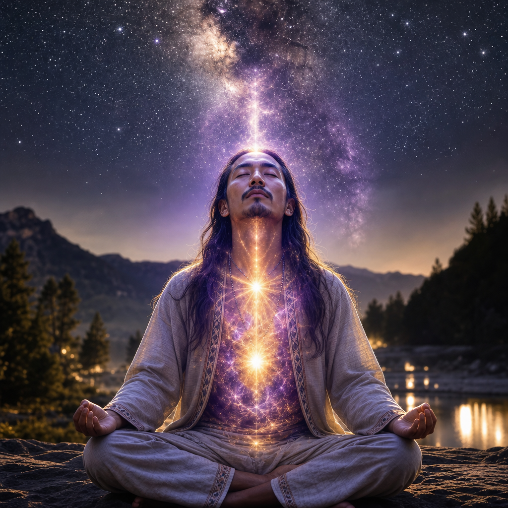 Pessoa meditando com aura cósmica visível, núcleo de luz estelar no corpo e conexão luminosa com o céu estrelado.