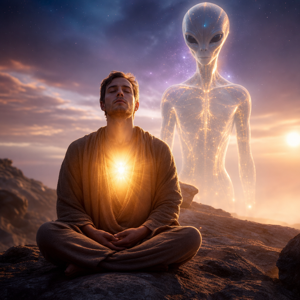 Uma pessoa em meditação iluminada por uma luz interior, com uma presença extraterrestre benevolente ao fundo, representando o despertar de dentro para fora.