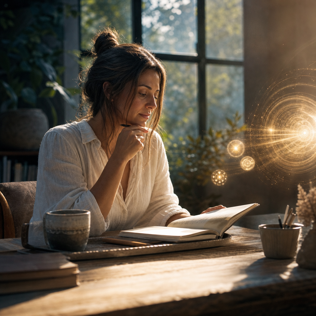 Uma pessoa em um ambiente tranquilo analisando informações com calma e discernimento, representando a prática de filtrar o que absorve no dia a dia.