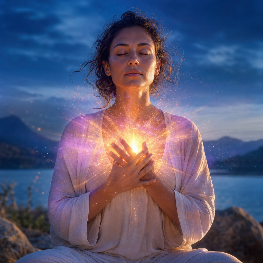 Pessoa meditando em calma, com um brilho dourado e violeta se expandindo do peito, representando o chakra cardíaco vibrando e se abrindo com amor.