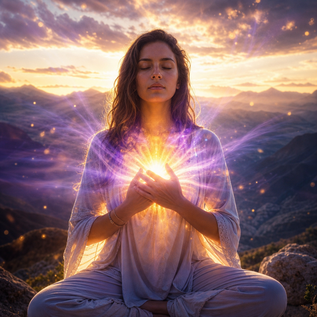 Uma pessoa em meditação, com luz dourada e violeta irradiando do coração, representando a força interior.