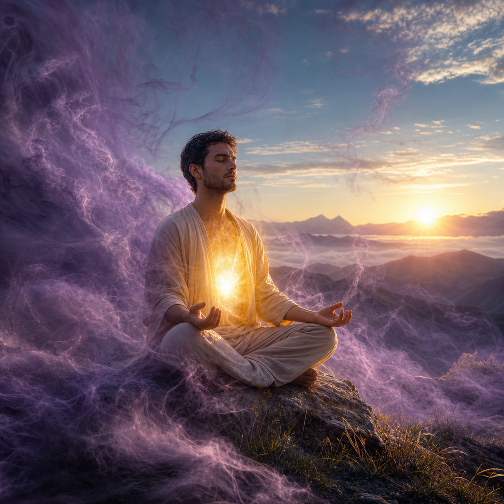 Uma pessoa em meditação em um morro natural, com uma névoa energética densa ao redor e uma luz dourada brilhando de dentro, simbolizando o esquecimento e a recuperação da própria força.