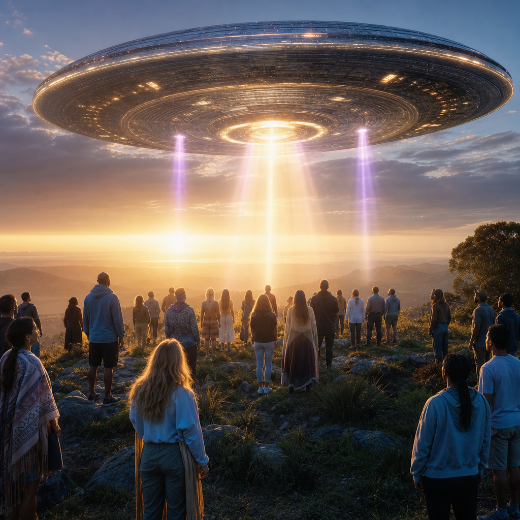 Um grupo de pessoas unidas sob uma nave extraterrestre luminosa ao amanhecer, simbolizando despertar e união consciente.