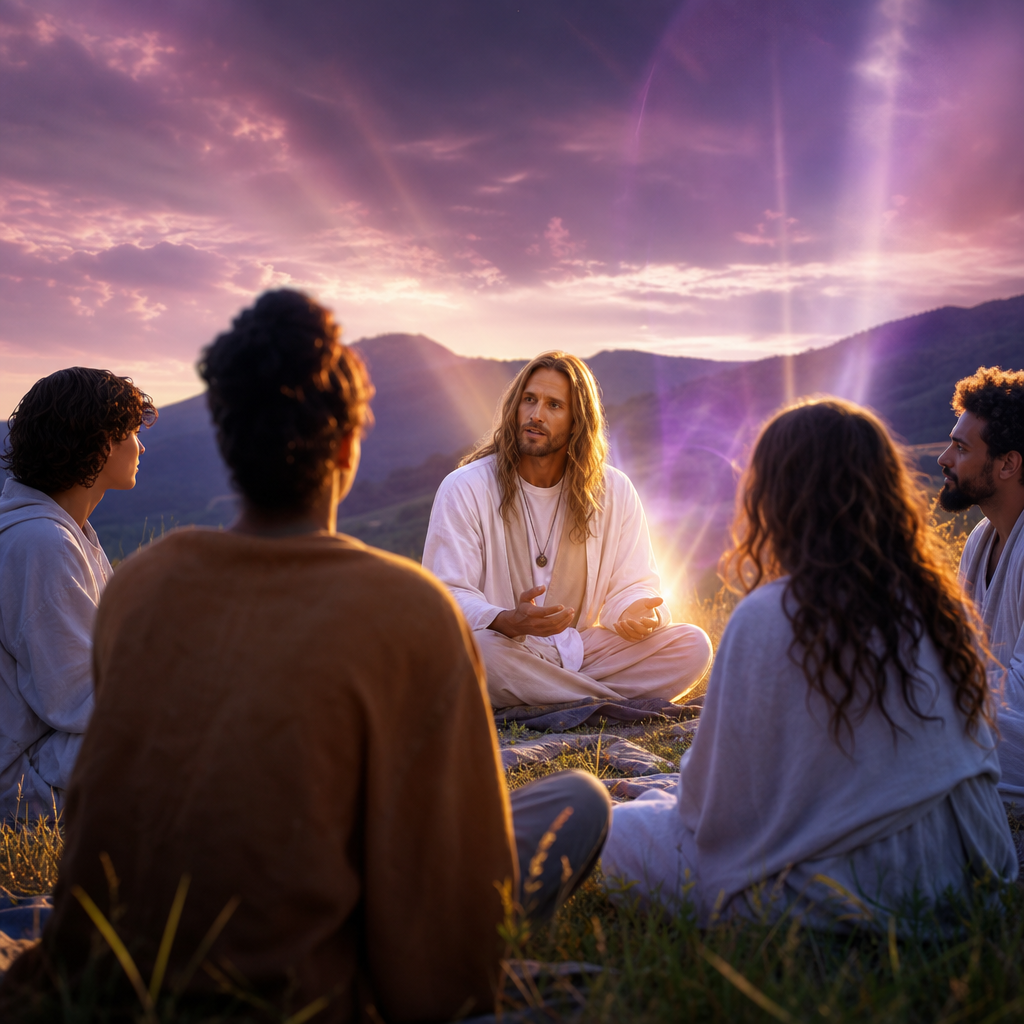 Shietnar orientando com carinho um pequeno grupo de pessoas em um ambiente sereno, simbolizando a missão espiritual do Projeto Shan.
