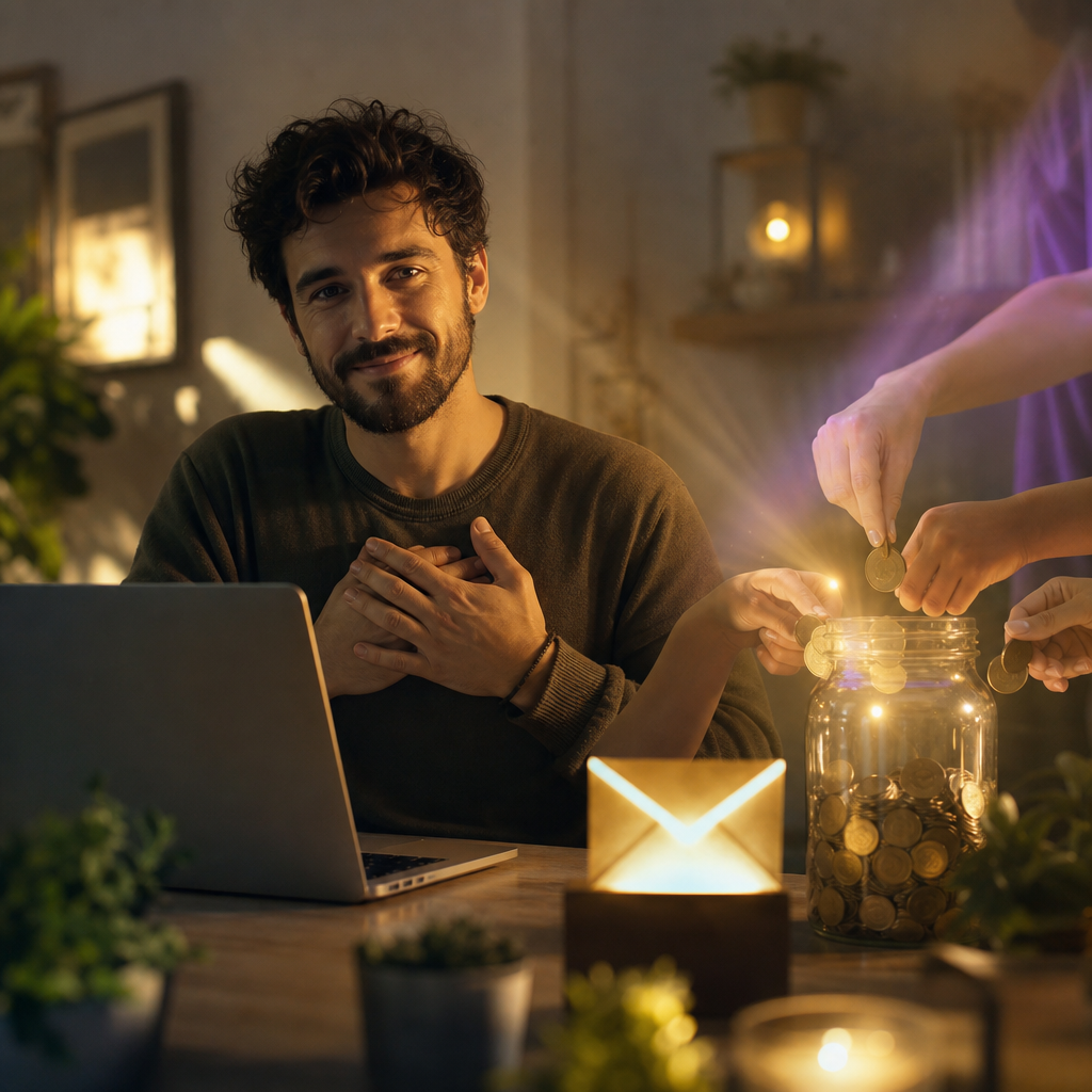 Uma pessoa pedindo apoio para uma campanha de arrecadação virtual, com elementos visuais de contribuição e esperança.
