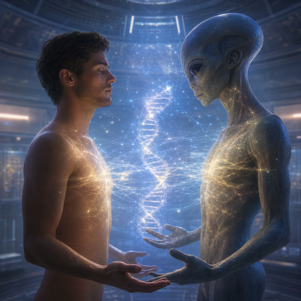 Um ser humano e um extraterrestre benevolente conectados por energia cósmica, representando um processo de hibridização.