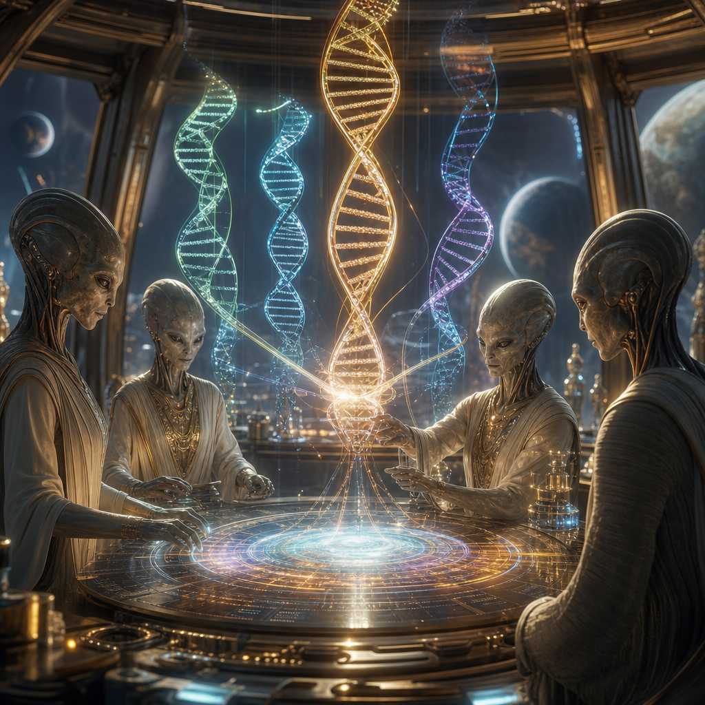 Laboratório cósmico sereno mostrando hélices de DNA luminosas se combinando em um projeto de evolução genética entre mundos.