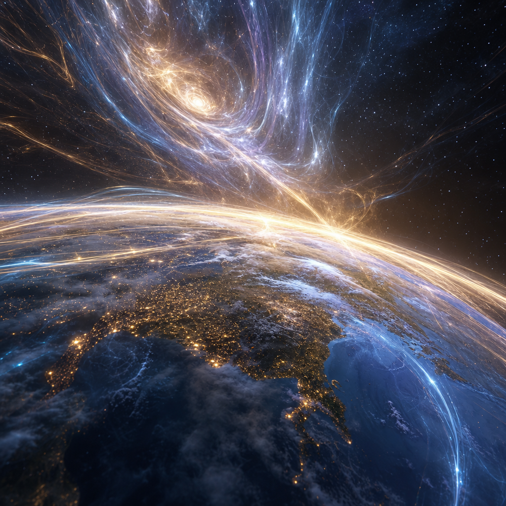 Planeta Terra envolto por fluxos luminosos de energia cósmica, representando ajustes para novos níveis de consciência e transição energética.