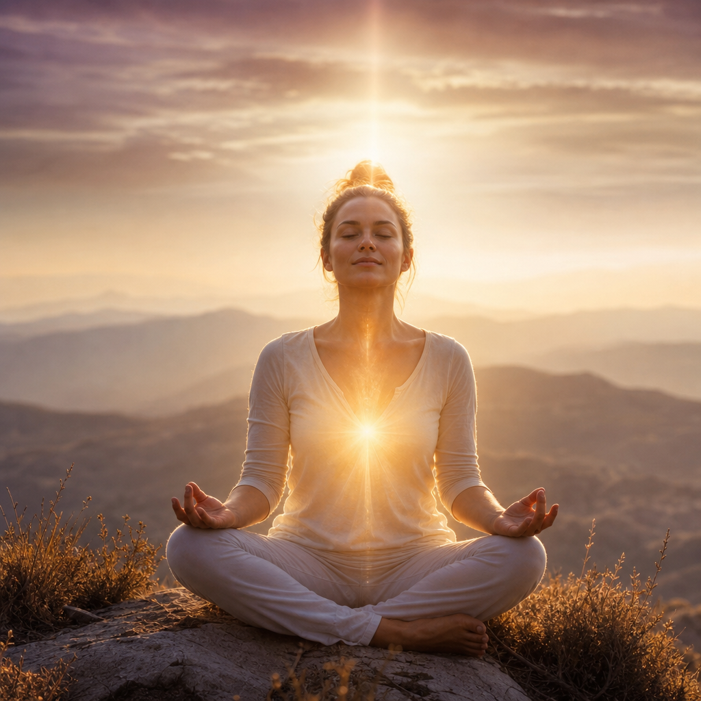 Uma pessoa meditando em silêncio na natureza, cercada por luz suave e energia serena que simboliza o despertar espiritual.