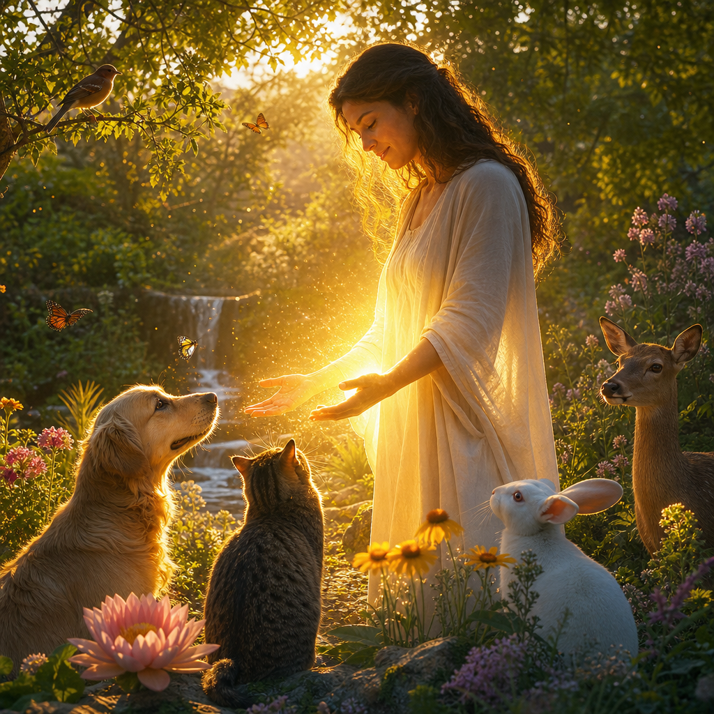 Uma pessoa em serenidade irradiando luz dourada para animais e plantas em harmonia na natureza.