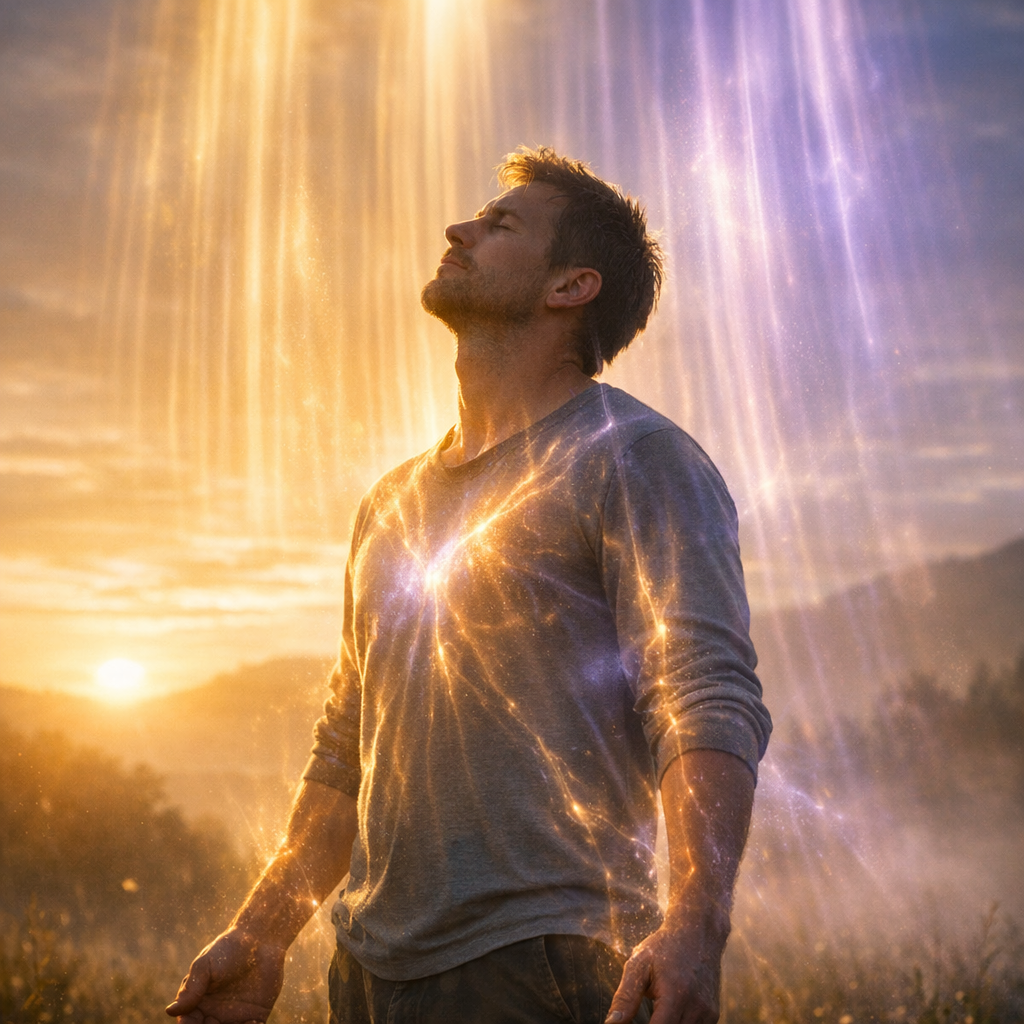 Pessoa em pé ao amanhecer, envolta por luz dourada e violeta vinda do céu, simbolizando o impacto de frequências eletromagnéticas no corpo.