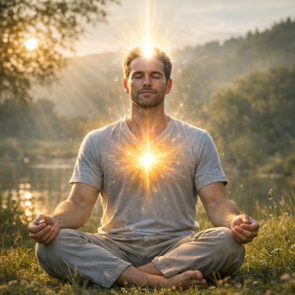 Pessoa meditando em um ambiente tranquilo, com aura luminosa saindo do coração e da cabeça, representando gratidão e alta ressonância mental.