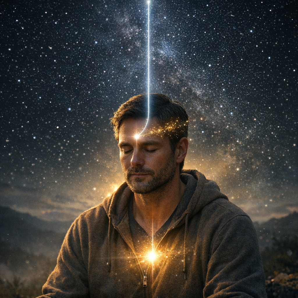 Pessoa em silêncio espiritual, com uma conexão luminosa entre a mente e o céu estrelado, simbolizando intuição e inspiração espiritual.