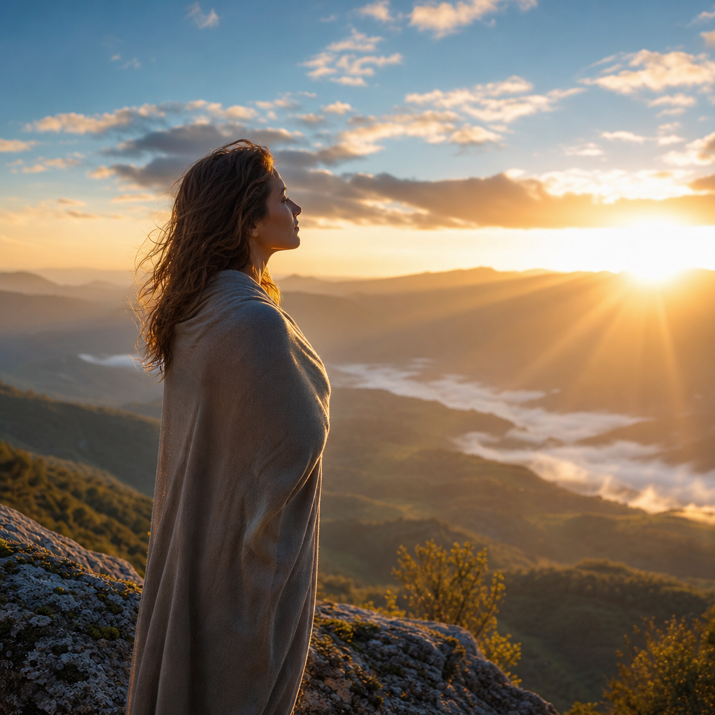 Uma pessoa em contemplação num cenário natural ao amanhecer, envolta por luz suave que simboliza espiritualidade e consciência.