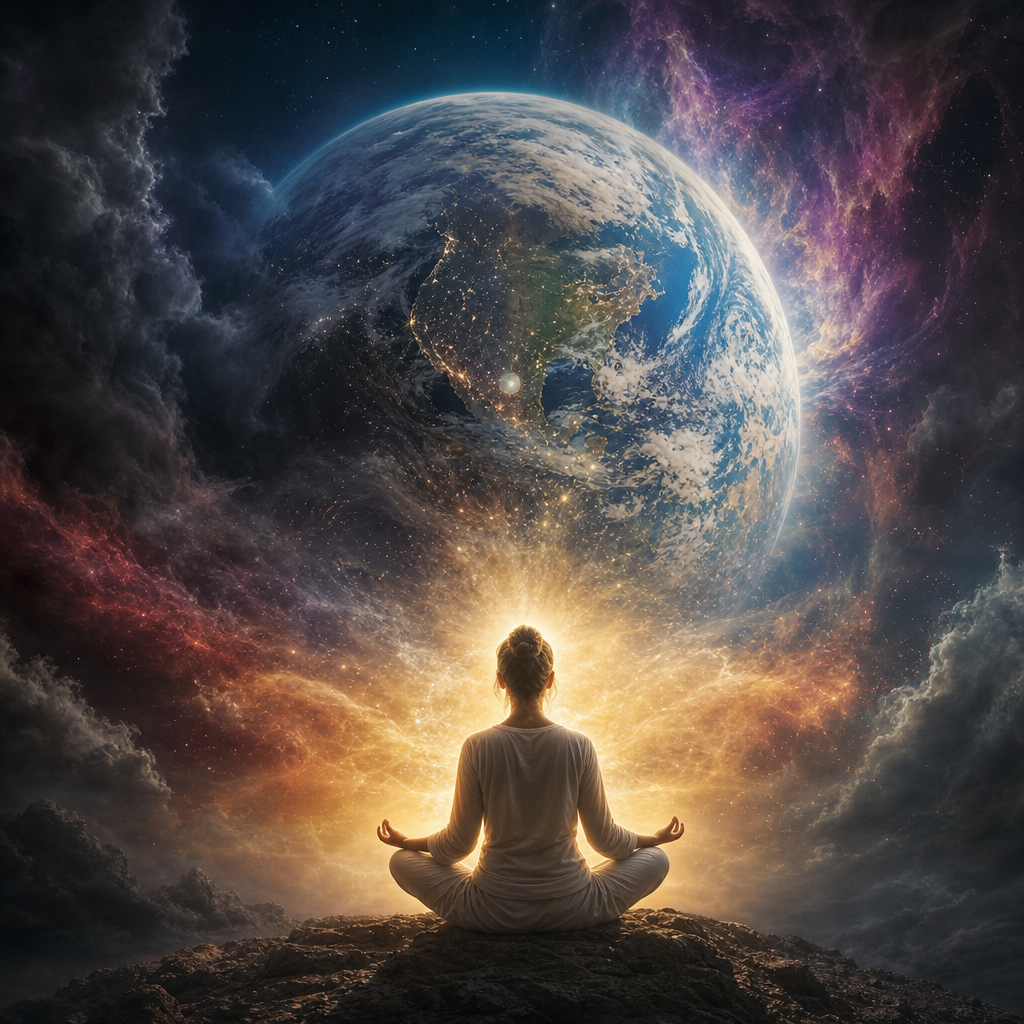 Um planeta Terra luminoso e frágil visto do espaço, com uma pessoa em meditação irradiando luz dourada que dissipa nuvens escuras simbólicas ao redor.