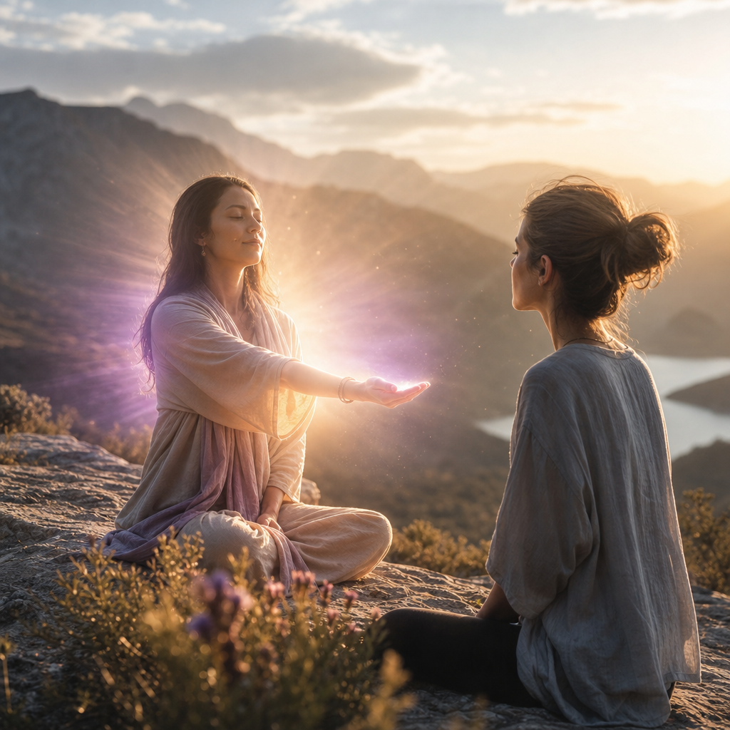 Uma pessoa em equilíbrio espiritual irradiando luz suave e positiva para inspirar outra pessoa em um ambiente natural tranquilo.