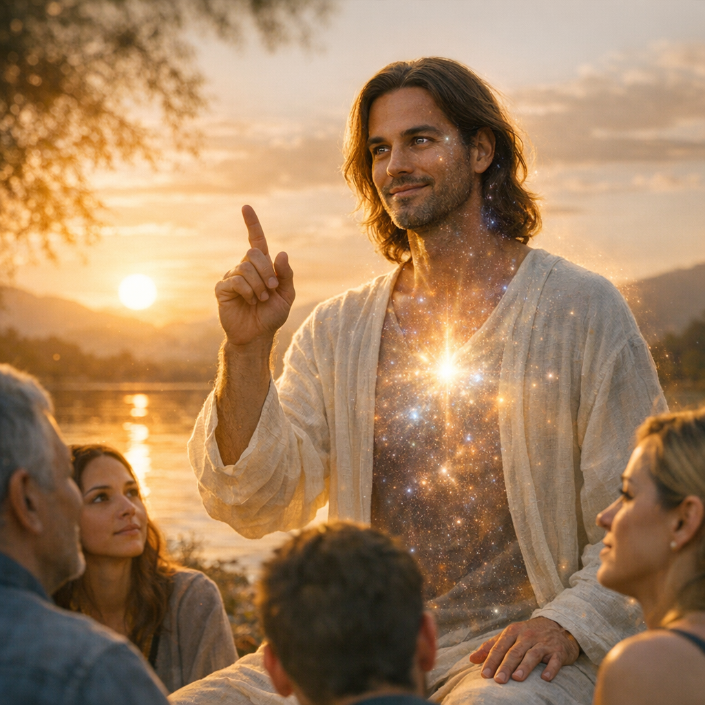 Um avatar espiritual humano, com aura cósmica visível, inspira pessoas em um ambiente sereno ao pôr do sol.